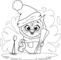 Coloring page. Cartoon cute owl with skis vector