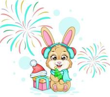 New Year and Christmas card with a cute bunny, a gift and a Christmas tree vector