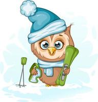 Cartoon cute owl with skis vector
