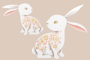 Elegant paper art white rabbit with floral patterns vector