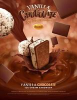 Vanilla chocolate ice cream ads with pouring sauce on bokeh glittering background in 3d illustration vector