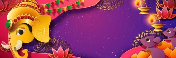 banner del festival ganesh chaturthi con cabeza de dios hindú ganesha de color dorado, fondo púrpura vector