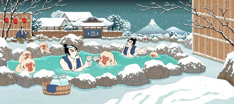 Japanese ukiyo-e style men and cute monkey enjoying outdoor hot spring and sake, beautiful winter snowy scenery