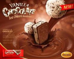 Vanilla chocolate ice cream ads with pouring sauce on bokeh glittering background in 3d illustration vector