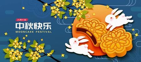 festival de pasteles de luna con conejo blanco y deliciosos pasteles de fondo azul, vacaciones de mediados de otoño escritas en chino vector