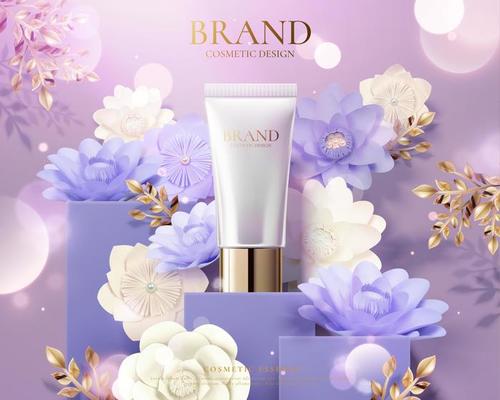 Plastic tube product ads with light purple paper flowers decoration and glitter effect in 3d illustration