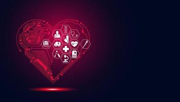 corazones abstractos, digitales, líneas, placas de circuitos e íconos de salud. atención médica, concepto médico, asistencia en salud, tratamiento, atención en un fondo rojo y negro vector