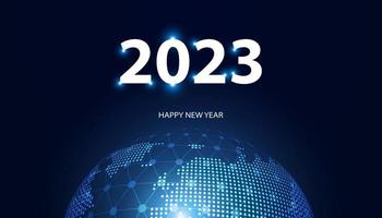 Abstract Happy new year 2023 global light network on blue background digital futuristic modern hi-tech space vector