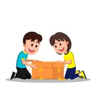 the children are excited to open the cardboard packages vector