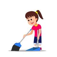 una niña barre el suelo para limpiarlo del polvo vector