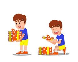 a happy boy opens the gift box he received vector