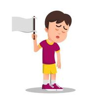 a boy looks desperate while holding a white flag vector