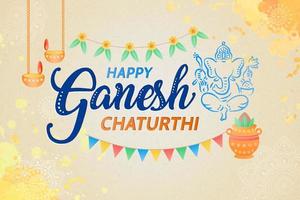 feliz diseño de ganesh chaturthi con estilo de línea ganesha y banderas sobre fondo de acuarela vector