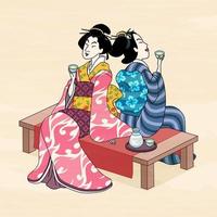 Ukiyo e style geisha enjoying sake and resting on tea house bench vector