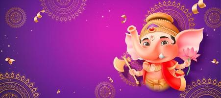 Lovely chubby Ganesha holding gulab, lotus and axe on purple mandala banner