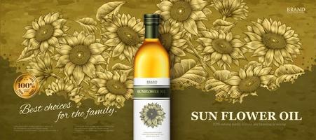 Sun flower oil banner ads in 3d illustration on elegant woodcut style sunflower garden background vector