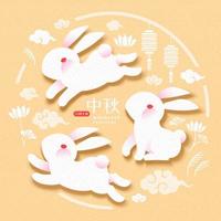 Mooncake festival with cute white rabbit on light yellow background, Mid autumn holiday written in Chinese words vector