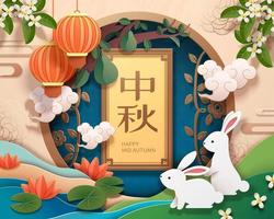 Happy mid autumn festival with paper art rabbits besides lotus pond, holiday name written in Chinese words vector