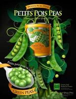 Canned young pea ads poster with spoonful of fresh peas in 3d illustration, black background vector