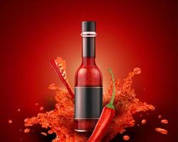 Hot sauce product with blank label in 3d illustration on red background vector