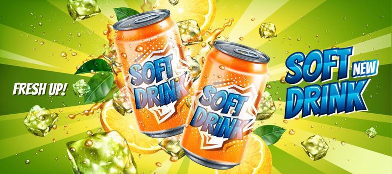Soft drink ads with ice cubes on green stripe background in 3d illustration