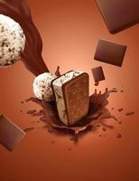 Ice cream sandwich cookie with pouring chocolate sauce on brown background in 3d illustration vector