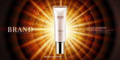 Cosmetic product ads with glowing radial light effect in 3d illustration vector