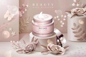 Cream jar ads on podium with pale pink paper flowers in 3d illustration vector