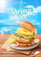 Shrimp burger ads on summer ocean background in 3d illustration vector