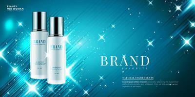 Cosmetic product ads with blue glittering effect in 3d illustration vector