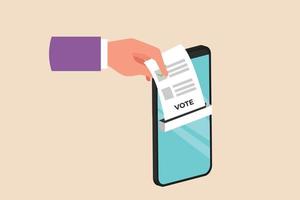 Hand insert voting paper in smartphone screen for general regional or presidential election. Voting concept. Colored flat graphic vector illustration.