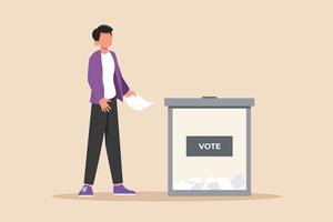 Happy man giving vote for general regional or presidential election. Voting concept. Colored flat graphic vector illustration.