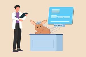 Male vet checks the rabbit's condition on the screen. Concept of scientist activity in laboratory. Flat vector illustrations isolated on white background.