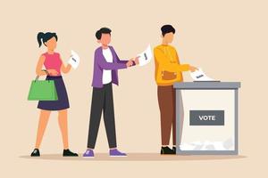 People queue in front of vote table for general regional or presidential election. Voting concept. Colored flat graphic vector illustration.