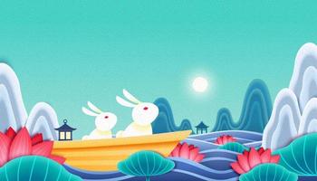 Rabbit admiring the full moon in Chinese lotus garden, Mid autumn festival illustration vector