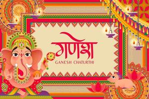Ganesh Chaturthi festival with lovely Hindu god Ganesha and geometric background, Ganesha written in Hindi words