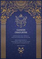 Happy Ganesh chaturthi design with golden line Ganesha and elegant pillar arch on blue background vector