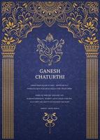 Happy Ganesh chaturthi design with golden line Ganesha and elegant pillar arch on blue background vector