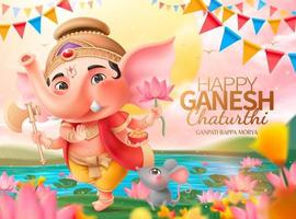 Happy Ganesh chaturthi design with lovely chubby Ganesha holding gulab, lotus and axe standing by beautiful lotus pond vector