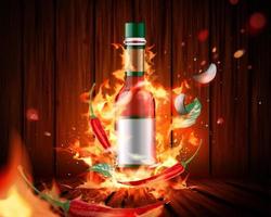 producto de salsa picante con fuego ardiente y chile sobre fondo de tablón de madera, ilustración 3d vector