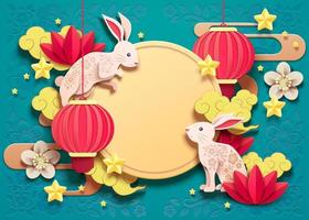 Happy mid autumn festival design with paper art rabbits and red lanterns on turquoise background vector