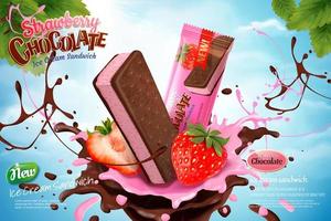 Chocolate strawberry ice cream ads with swirling sauce on blue sky background in 3d illustration vector