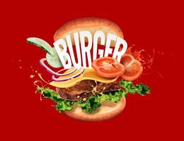 deliciosa hamburguesa con ingredientes volando en el aire sobre fondo rojo en 3d ilustración