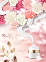 Cream jar bottle ads with paper flowers in 3d illustration, cloud effect vector