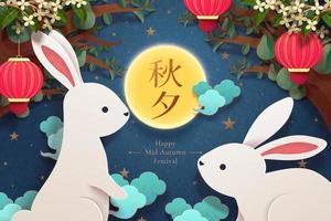 feliz festival de mediados de otoño con dos conejos mirándose en el fondo de la noche estrellada, nombre de vacaciones escrito en palabras chinas vector