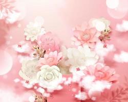 Pink and white paper flowers with stage and glitter bokeh background in 3d illustration vector