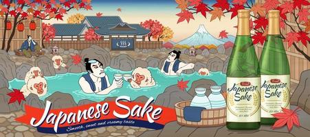 Japanese sake ads in ukiyo-e style with men and cute monkey enjoying outdoor hot spring, beautiful maple scenery vector