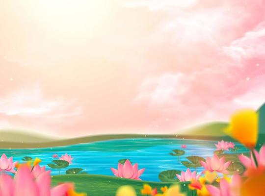 Beautiful lotus pond scenery with pink sky