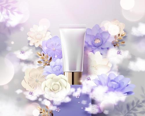 Plastic tube product ads with light purple paper flowers decoration and glitter effect in 3d illustration