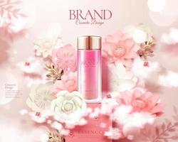 Pink skincare bottle ads with white and pink paper flowers in 3d illustration vector